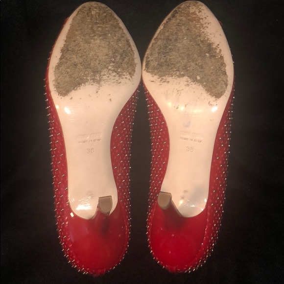 Miu Miu red metal studs peep toe kitten low heels - Picture 4 of 6